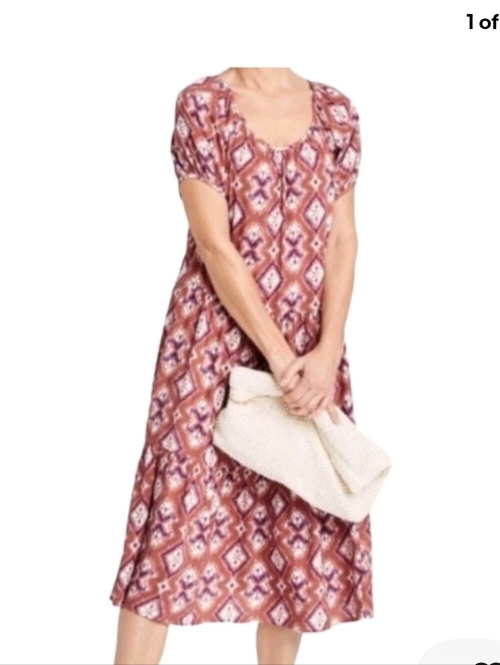 New Knox Rose Cognac Printed Midi Dress Balloon Sleeves Tiered Size Medium
